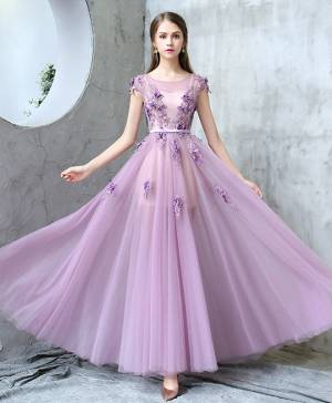 Purple Tulle Round Neck Long Prom Evening Dress