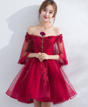 Burgundy Tulle Lace Off-the-shoulder Short/Mini Prom Homecoming Dress