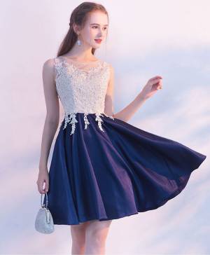 Navy/Blue Lace Round Neck Short/Mini Prom Homecoming Dress