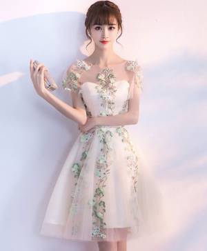 Champagne Tulle Lace With Applique Short/Mini Prom Homecoming Dress