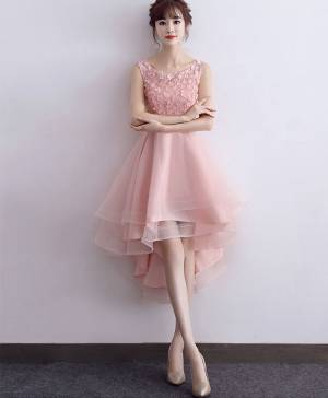Pink Tulle A-line High Low Prom Evening Dress