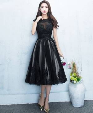 Black Lace Tulle Round Neck Short/Mini Prom Evening Dress