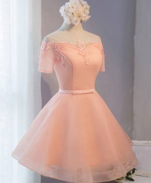 Pink Tulle Lace Short-sleeve A-line Short/Mini Prom Formal Dress