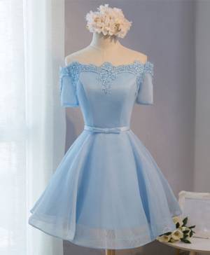 Blue Tulle Lace Short-sleeve A-line Short/Mini Prom Formal Dress