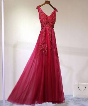 Burgundy Lace Tulle V-neck Long Prom Evening Dress