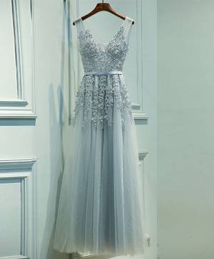 Gray Lace Tulle V-neck Long Prom Evening Dress