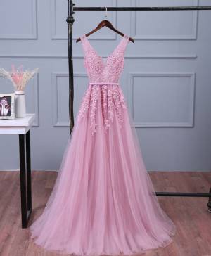 A Line Simple Pink Tulle Long V Neck Lace Prom Dress