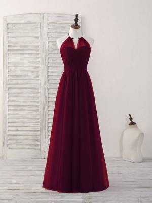 Burgundy Tulle Simple Long Prom Bridesmaid Dress