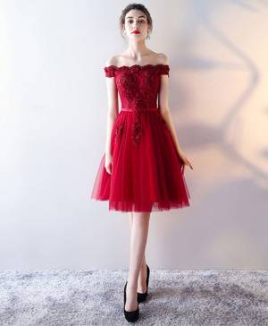 Burgundy Tulle Lace Short/Mini Prom Homecoming Dress