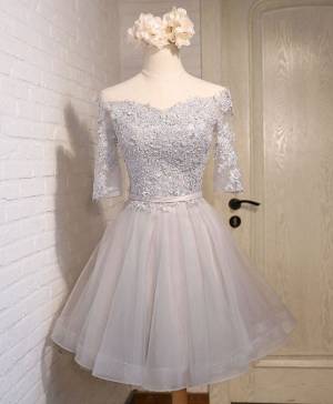Off Shoulder Gray Tulle Lace Homecoming Dress