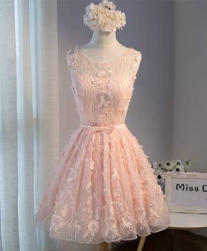 Pink Lace Round Neck Short/Mini Prom Homecoming Dress