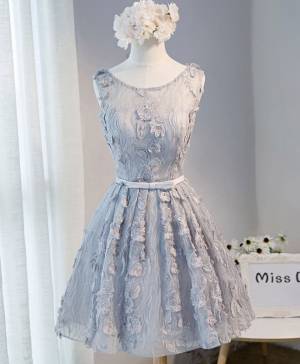 Gray Lace Round Neck Short/Mini Cute Prom Homecoming Dress