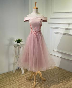 Pink Lace Off-the-shoulder A-line Tea-length Prom Evening Dress