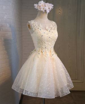 Champagne Lace Round Neck Short/Mini Prom Bridesmaid Dress