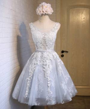 Princess Gray Tulle Short/Mini Bridesmaid Dress With Lace Applique