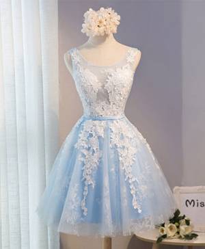 A Line Cute Blue Tulle Homecoming Dress With Lace