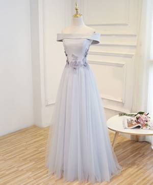 Gray Lace Off-the-shoulder A-line Floor-length Prom Evening Dress