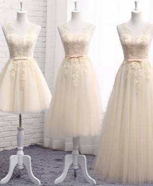 Champagne Lace Tulle Round Neck Prom Evening Dress