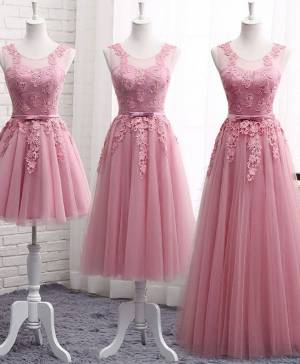 Pink Lace Tulle Round Neck Prom Evening Dress