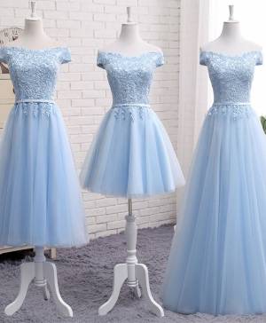 Sky Blue Lace Off-the-shoulder A-line Prom Evening Dress