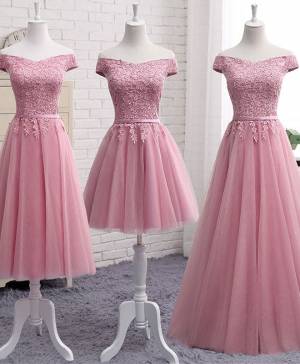 Pink Lace Off-the-shoulder A-line Prom Evening Dress