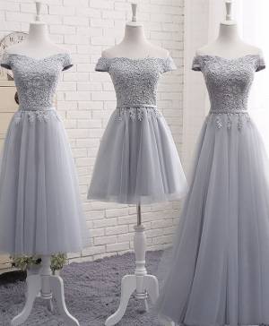 Gray Lace Off-the-shoulder A-line Prom Evening Dress