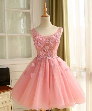 Pink Tulle A-line With Pearl Short/Mini Cute Prom Homecoming Dress