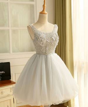 Gray Tulle A-line With Pearl Short/Mini Cute Prom Homecoming Dress