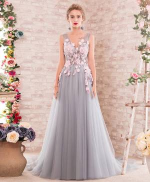 Gray Tulle Lace V-neck A-line With Applique Long Prom Evening Dress