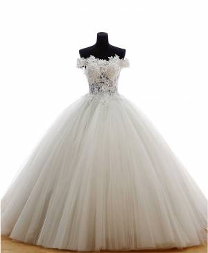 White Tulle Lace Off-the-shoulder Ball Gown Long Prom Formal Dress