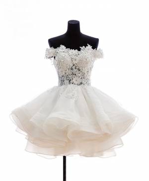 Charming Off Shoulder Organza Short Prom Dress With Lace