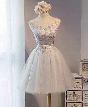 Round Neck Gray Lace Tulle Short Homecoming Dress