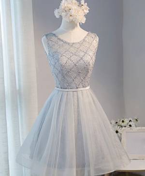 Cute Open Back Gray Tulle Short Homecoming Dress With Beading