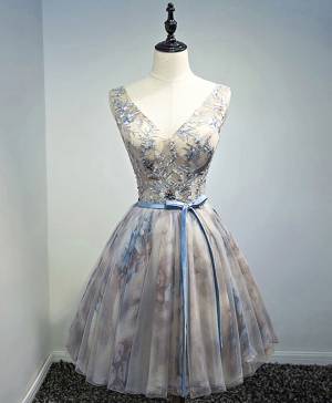 Gray Tulle Lace V-neck Short/Mini Prom Homecoming Dress