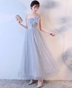 Gray One Shoulder Cute Long Prom Evening Dress