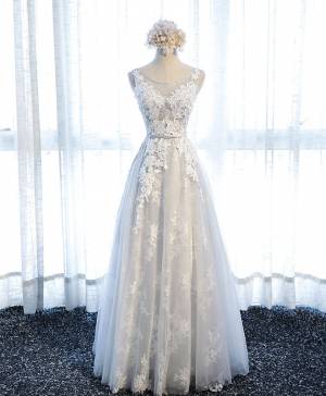 A Line Gray Tulle Prom Dress With Lace Applique