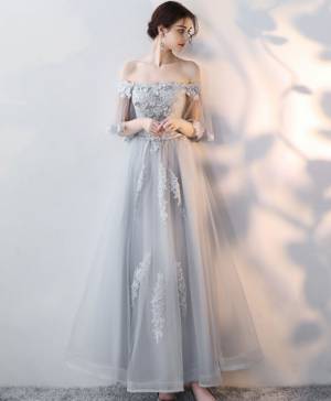 Gray Tulle Lace Long Prom Evening Dress