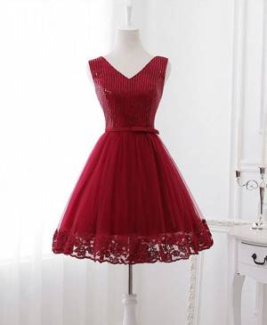 Tulle V-neck With Sequins Short/Mini Cute Prom Homecoming Dress