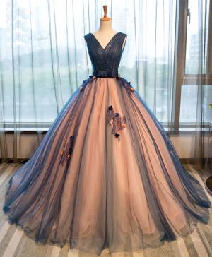 Dark/Blue Tulle V-neck Ball Gown Long Prom Evening Dress