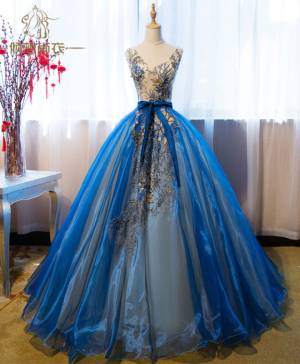 Blue Lace V-neck With Applique Royal Long Prom Evening Dress