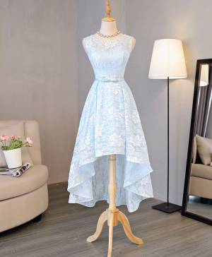 Sheath Light Blue Lace High Low Prom Dress