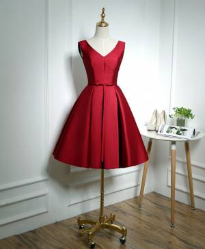 Simple Burgundy Satin V-neck Short/Mini Prom Dress