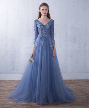 A Line V-neck Blue Tulle Long Lace Bridesmaid Dress