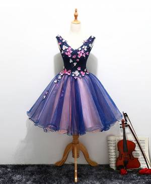 Navy/Blue V-neck Short/Mini Cute Prom Homecoming Dress