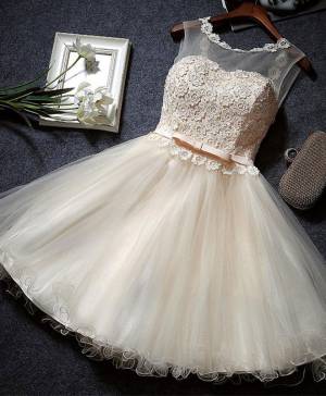 Champagne Lace A-line Short/Mini Cute Prom Homecoming Dress