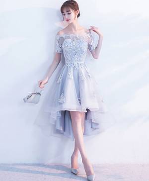 Gray Tulle A-line High Low Prom Bridesmaid Dress