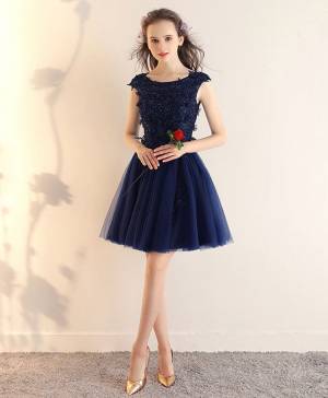 Dark/Blue Lace Tulle Short/Mini Prom Bridesmaid Dress