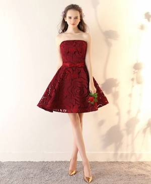 Burgundy Lace Short/Mini Prom Bridesmaid Dress