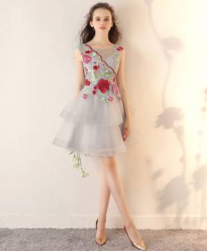 Gray Tulle With Applique Short/Mini Prom Homecoming Dress