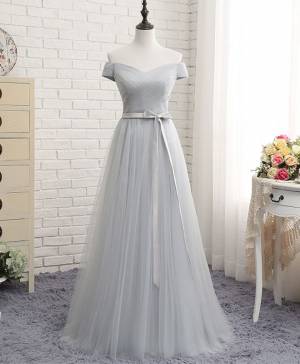 Gray Tulle Off-the-shoulder A-line Long Prom Evening Dress